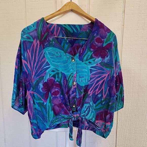 Tops - Women's Cropped Purple Blue Floral Tie-Front Top Casual Islandwear Short Sleeve